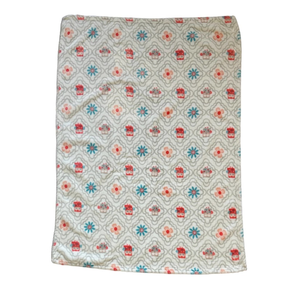 Trend Lab Owl Flower Floral White Gray Orange Green Fleece Soft Baby Kid Blanket
